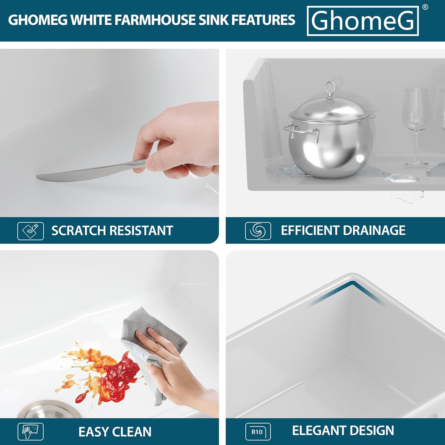 24 Inch White Farmhouse Sink - GhomeG 24 Inch White Fireclay Apron Front Kitchen Sink Single 10 Inch Deep Ceramic Farm Farmer Style Basin 24x18x10