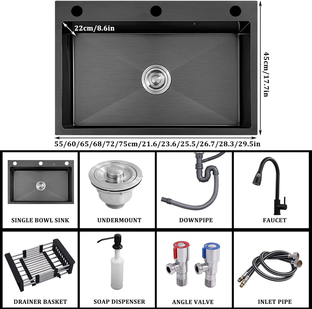 304 Stainless Steel Single Bowl Kitchen Sink Square Nano Bar Sink Multi-functional RV Sink with Faucet and Drainage Assembly Top Mount Or Under Mount (Color : Black-a, Size : 72x45x22cm) (Blacka 6