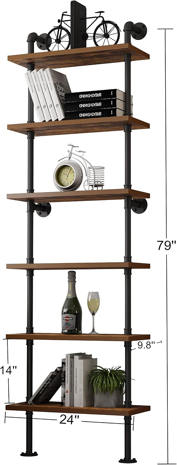 HOMEKAYT Industrial Pipe Shelf Rustic Wood Wall Shelf Ladder Bookshelf Wall Mounted Storage Decor Shelf for Home, Office, Living Room(6-Tier)-Black