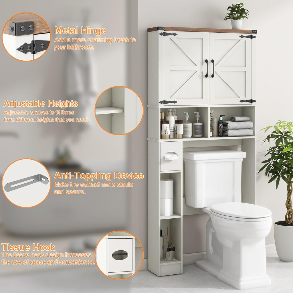 Vabches Over The Toilet Storage Cabinet, Farmhouse Storage Cabinet Over Toilet with 2 Barn Doors && Toilet Paper Holder Stand，Home Space-Saving Toilet Rack, for Laundry, Restroom, Bathroom