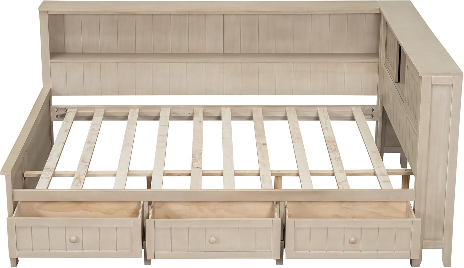 Merax Full Daybed with Headboard and Drawers, Full Size Corner Bed Frame with Storage Shelves for Bedroom, Wood Full Size Bed Frame with Storage for Kids Teens, Apricot White
