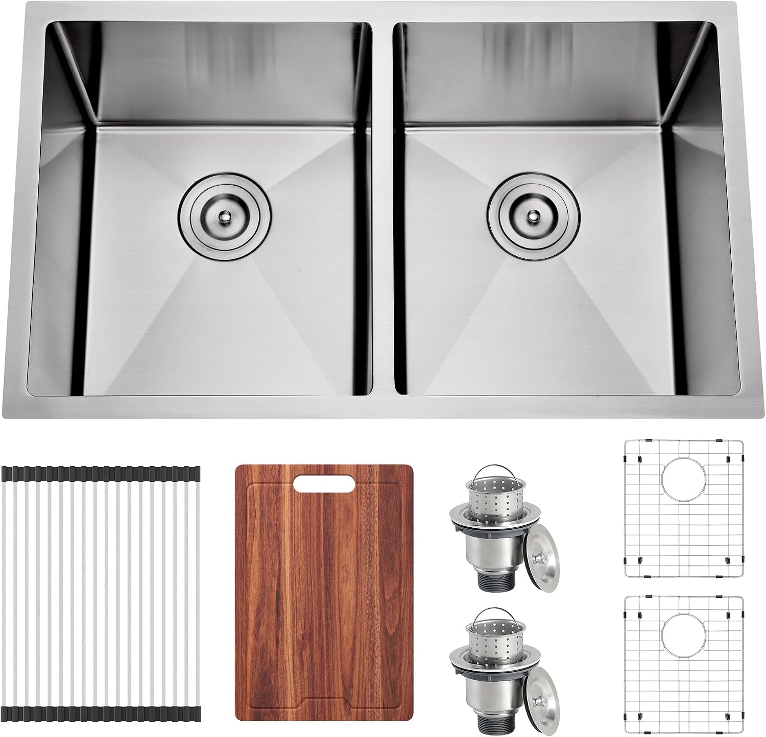 32 Inch Undermount Handmade Double Bowl Kitchen Sink, 16 Gauge 304 Stainless Steel 50/50 Spacious Deep Kitchen Sinks, Accessories Combo Included, 32' x 19' x 10'