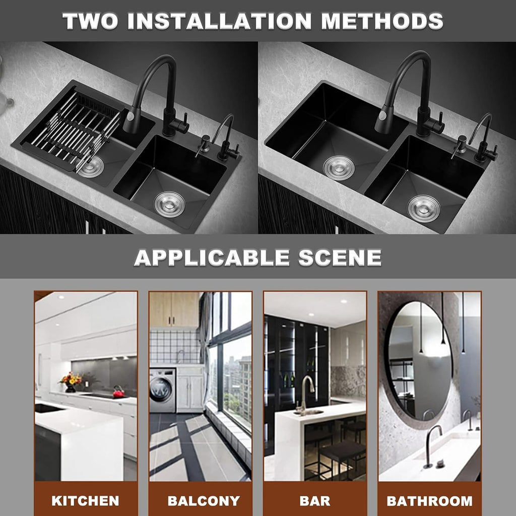 Double Bowl Kitchen Sink 304 Stainless Steel Bar Sink He Multifunctional RV Sink with Faucet and Counter Control Button Drop-in Or Under Mount (Color : Black-c, Size : 78x43x20cm)