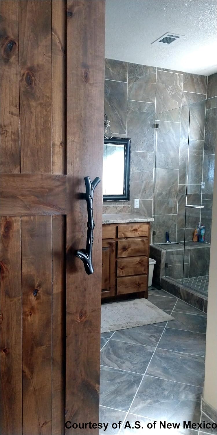 Wild West Hardware Large Tree Branch Barn Door Handle and Matching Smooth Flush Pull - Black Powder Coat Finish - Set