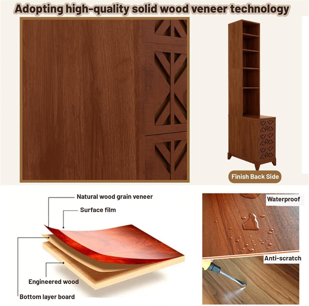 Wood Tall Nightstand with Charging Station, 70.9' Tall End Table with 3 Storage Drawers and 4 Open Shelves, Narrow Slim Sofa Side Table for Small Spaces, Living Room, Bedroom,Corner, Walnut