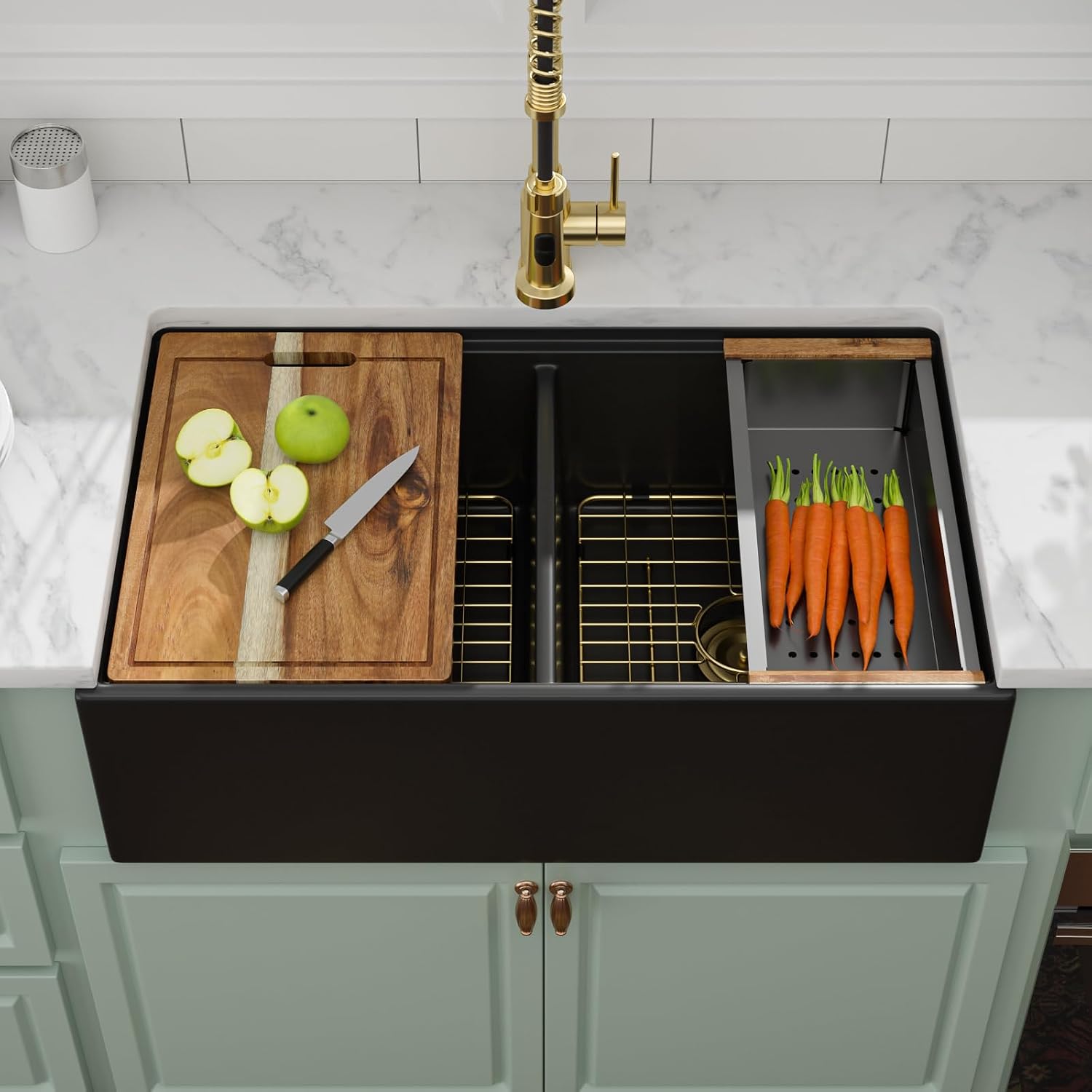 33 Inch Fireclay Kitchen Sink Apron Front Black Porcelain Ceramic Farmhouse Sinks Workstation, Double Bowl Farm Barn Sink, 33'x20'x10'