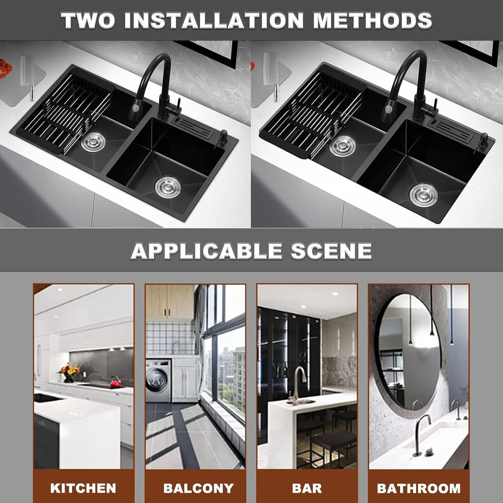 Black Double Bowl Kitchen Sink 304 Stainless Steel Bar Preparation Sink RV Sink with Faucet and Drainage Kit Top Mount Or Undermount (Color : Black-E, Size : 80x45x21cm)
