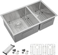 Dcolora 33 Inch Undermount Double Bowl Kitchen Sink 60/40 Split 16 Gauge 304 Stainless Steel Large Double Sinks, 33'x19'x10 Rounder Corner, DC-U7730