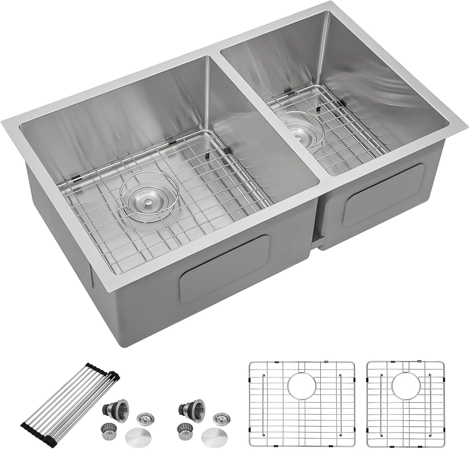 Dcolora 33 Inch Undermount Double Bowl Kitchen Sink 60/40 Split 16 Gauge 304 Stainless Steel Large Double Sinks, 33'x19'x10 Rounder Corner, DC-U7730