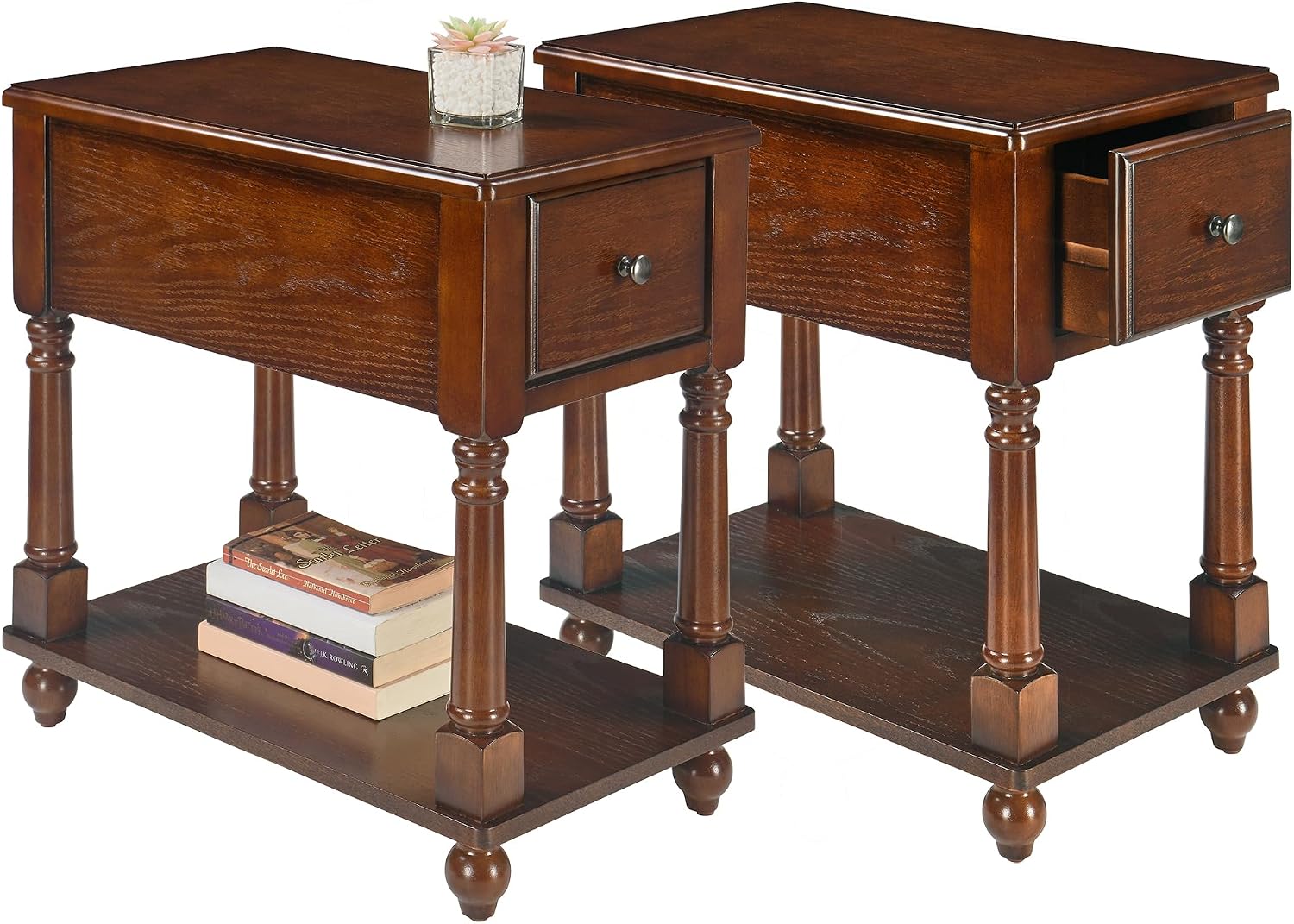 LEEMTORIG Set of 2 Solid Wood End Table Narrow Side Table with Drawer, Cherry Wood End Table Living Room, 13' W Slim Bedside Table, 22' D x 22.3' H, No-Tools Assembly, Cherry Brown BBJ-004-DWA