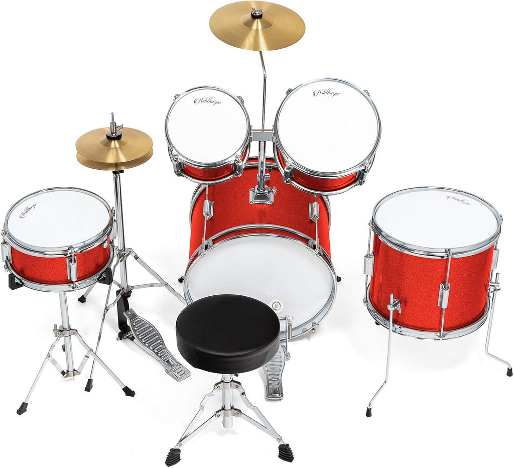 Ashthorpe 5-Piece Complete Junior Drum Set with Genuine Brass Cymbals - Advanced Beginner Kit with 16' Bass, Adjustable Throne, Cymbals, Hi-Hats, Pedals & Drumsticks - Red