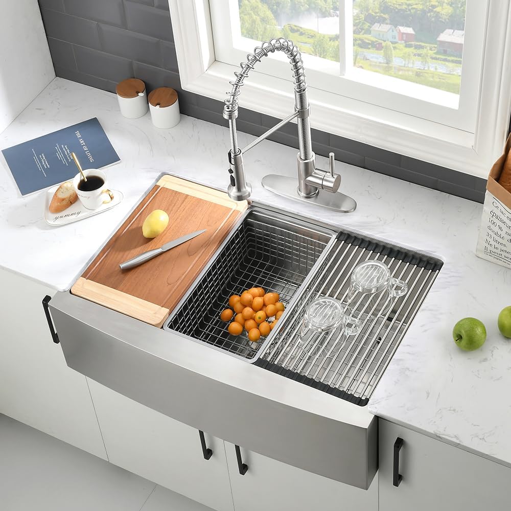 33 Inch Stainless Steel Farmhouse Sink-VASOYO 33 x 22 Farm Sink Apron Front Farmhouse Kitchen Sinks Workstation 16 Gauge 304 Stainless Steel Singe Bowl Deep Kitchen Sinks Farmer with Cutting Board