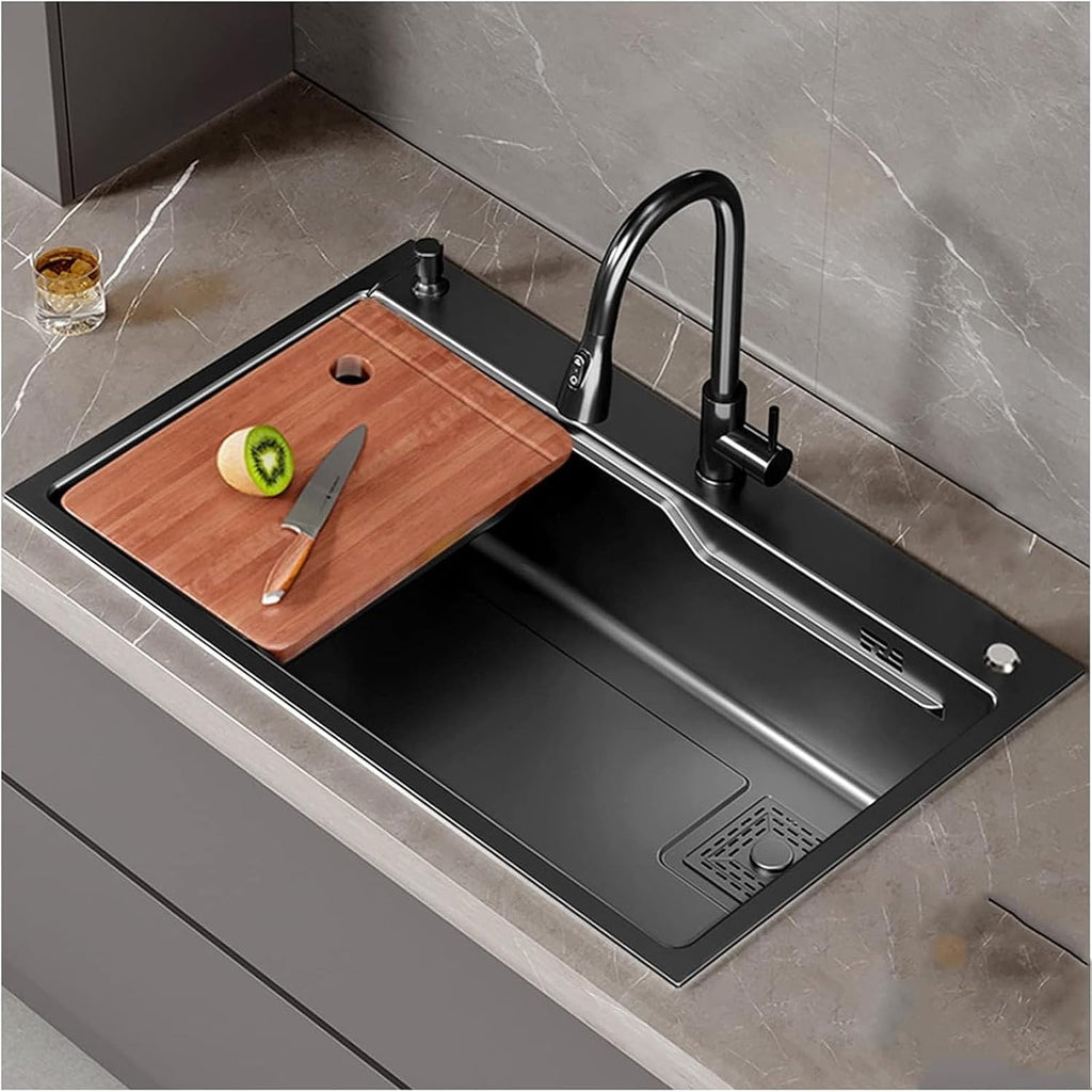 Black Single Bowl Kitchen Sink 304 Stainless Steel Kitchen Sink with Pull-Out Faucet and Drain Assembly Drop in Or Under Mount (Color : Black, Size : 68x45x21cm) (Black 75x45x21cm)