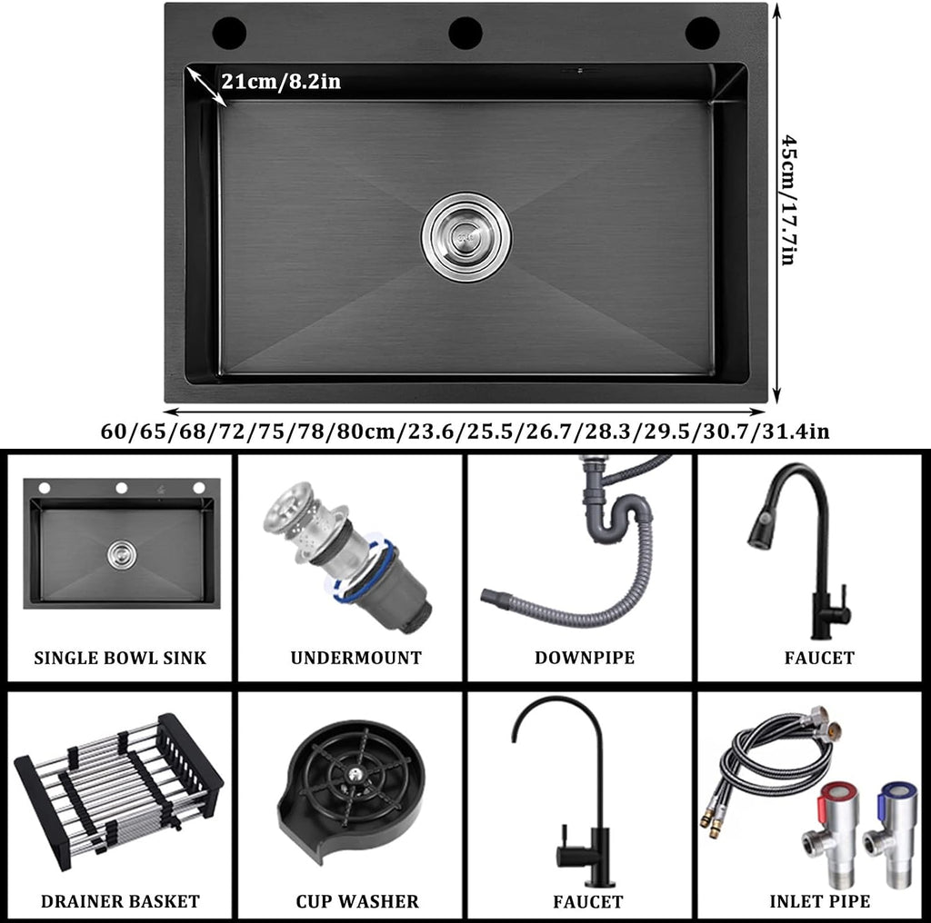Black Nano Single Bowl Kitchen Sink 304 Stainless Steel Bar Sink Multi-functional RV Sink with Pull-Out Faucet and Cup Washer Top Mount Or Undermount (Color : Black, Size : 65x45x21cm) (Black 65x4