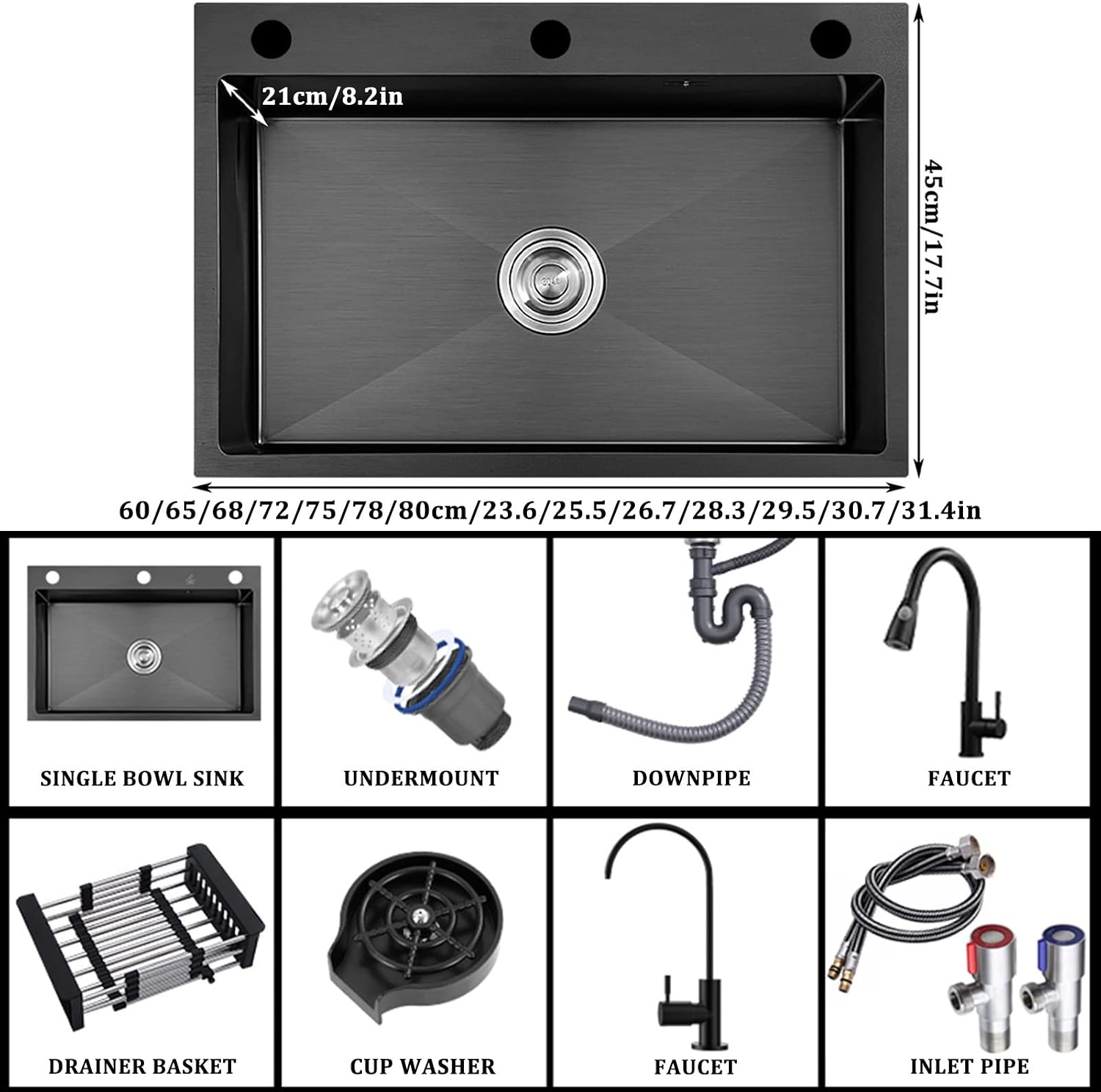 Black Nano Single Bowl Kitchen Sink 304 Stainless Steel Bar Sink Multi-functional RV Sink with Pull-Out Faucet and Cup Washer Top Mount Or Undermount (Color : Black, Size : 65x45x21cm) (Black 65x4