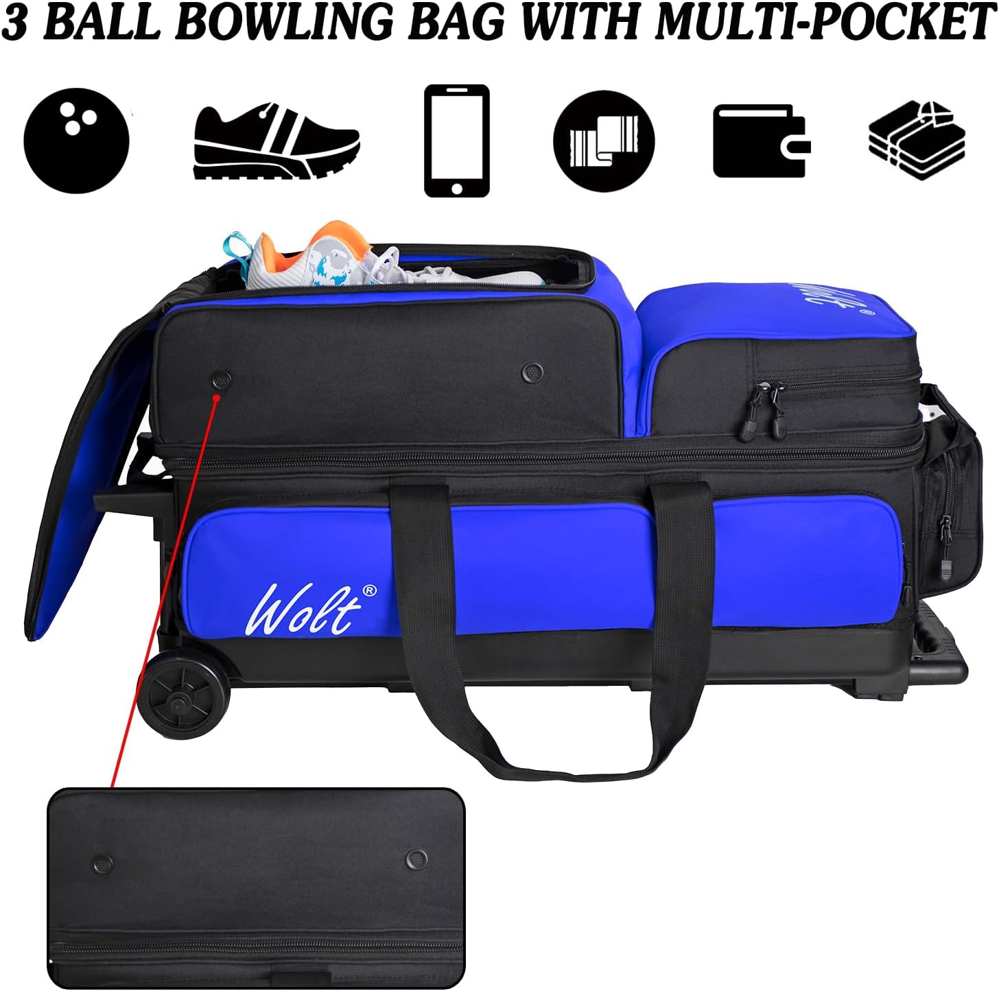 WOLT 3 Ball Bowling Bags with Wheels,Bowling Ball Bag 3 Ball Roller with Separate Shoe Compartment and Accessory Pocket, Retractable Handle Extends to 38''