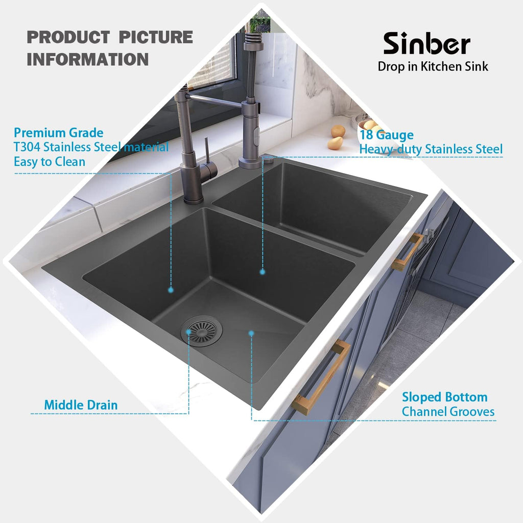 Sinber HT3322D-9-B Drop in Double Bowl 304 Stainless Steel Kitchen Sink (33' x 22' x 9'(Black Sink Only))