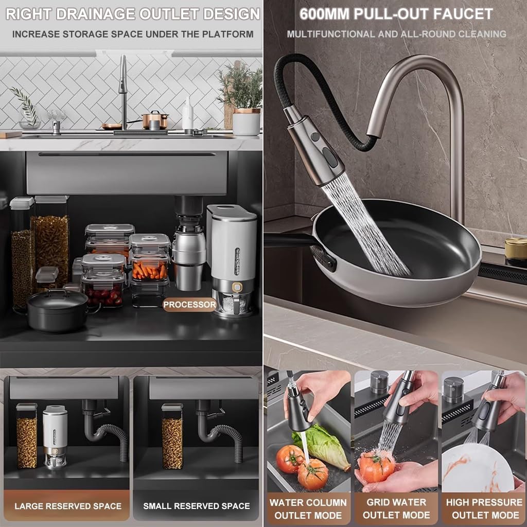 Waterfall Sink Stainless Steel Single-Bowl Kitchen Workstation Sink Waterfall Pull-Down Faucet and Complete Accessory Set Dual-Mount (Color : A, Size : 80x45x22cm) (A 68x45x22cm)