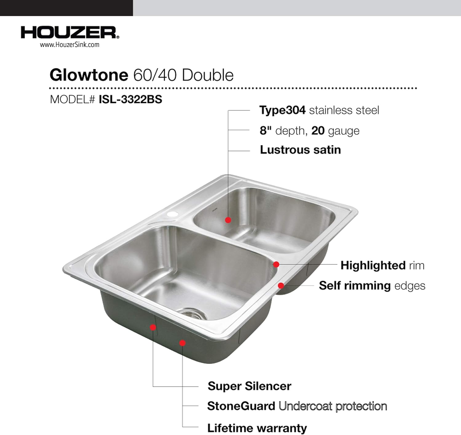 Houzer Glowtone Stainless Steel Kitchen Sink: 33 Inch Topmount 3-Hole 60/40 Double Bowl Kitchen Sink with Strainers & Grids, Durable & Versatile, Essential for Home & Apartment: ISL-3322BS3-C