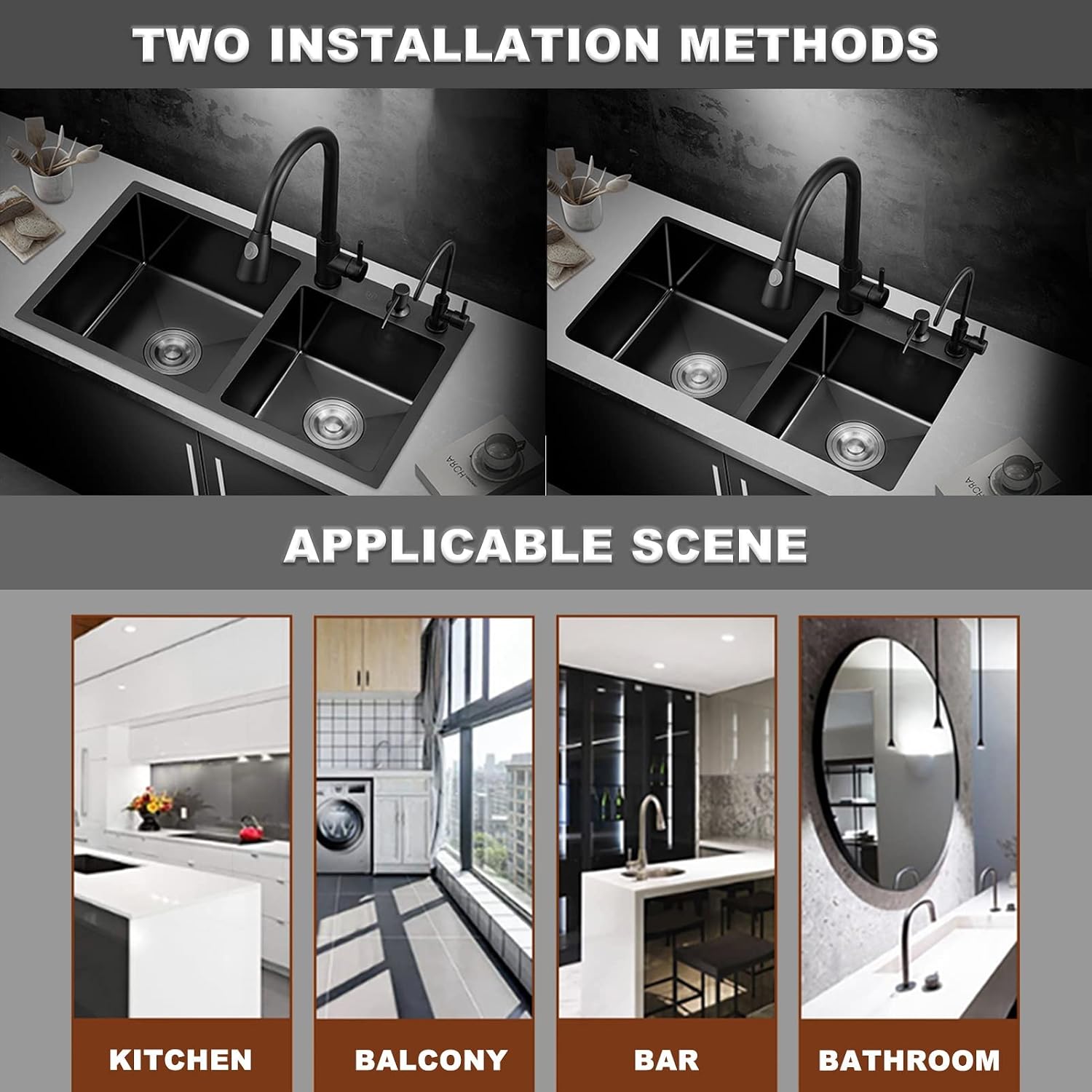 Black Double Bowl Kitchen Sink 304 Stainless Steel Bar Sink Square RV Sink with Faucet & Drain Top Mount Or Undermount (Color : Black-b, Size : 78x43x22cm)