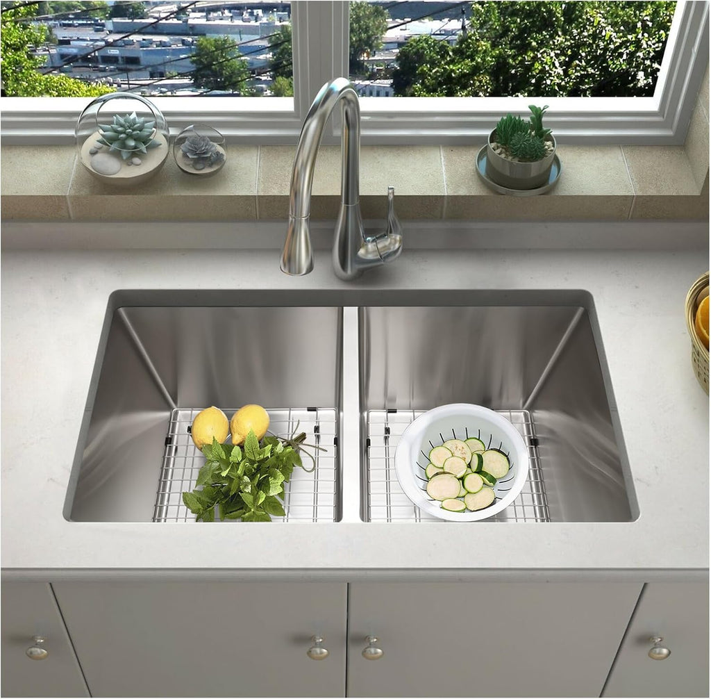 SANYCASA 33 Inch Double Bowl Kitchen Sinks with Quick Drain Slope - 11 Gauge (3mm) 304 Stainless Steel Undermount Kitchen Sink with Accessories