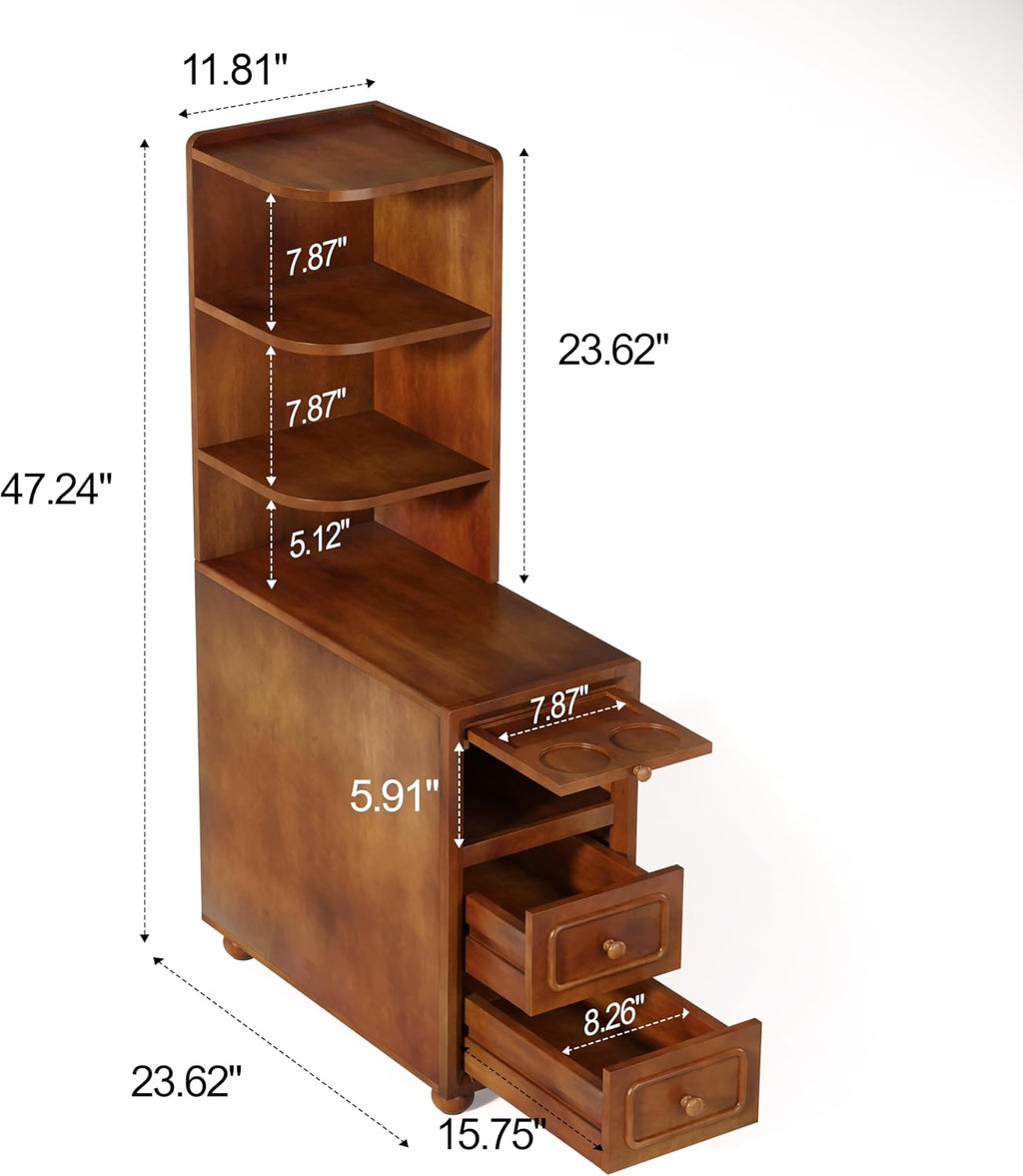 Solid Wood End Table with Drawers and Reversible Corner Shelves, Tall Narrow Side Table with Storage High Slim Chair Solid Side Table, Walnut