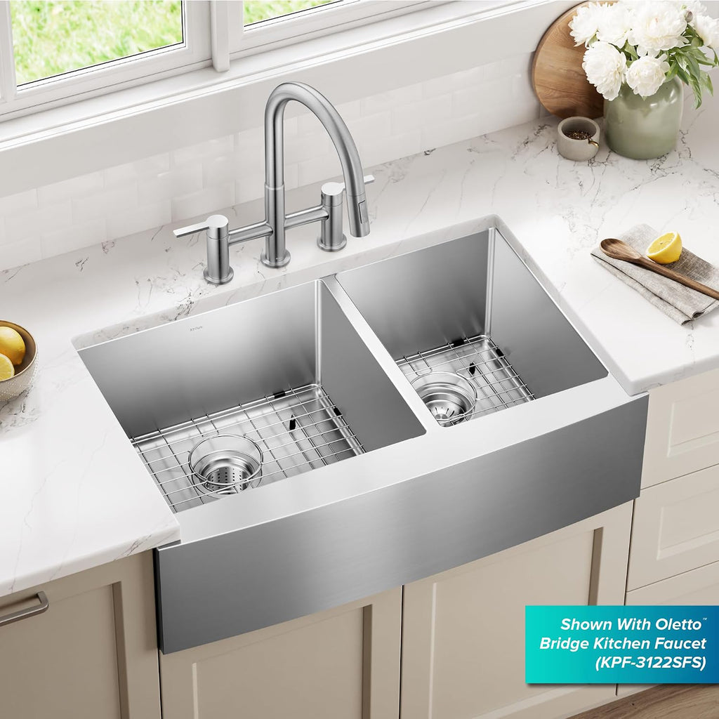KRAUS Standart Pro 33-Inch Apron Front Farmhouse 16-Gauge 60/40 Double Bowl Stainless Steel Kitchen Sink, KHF203-33