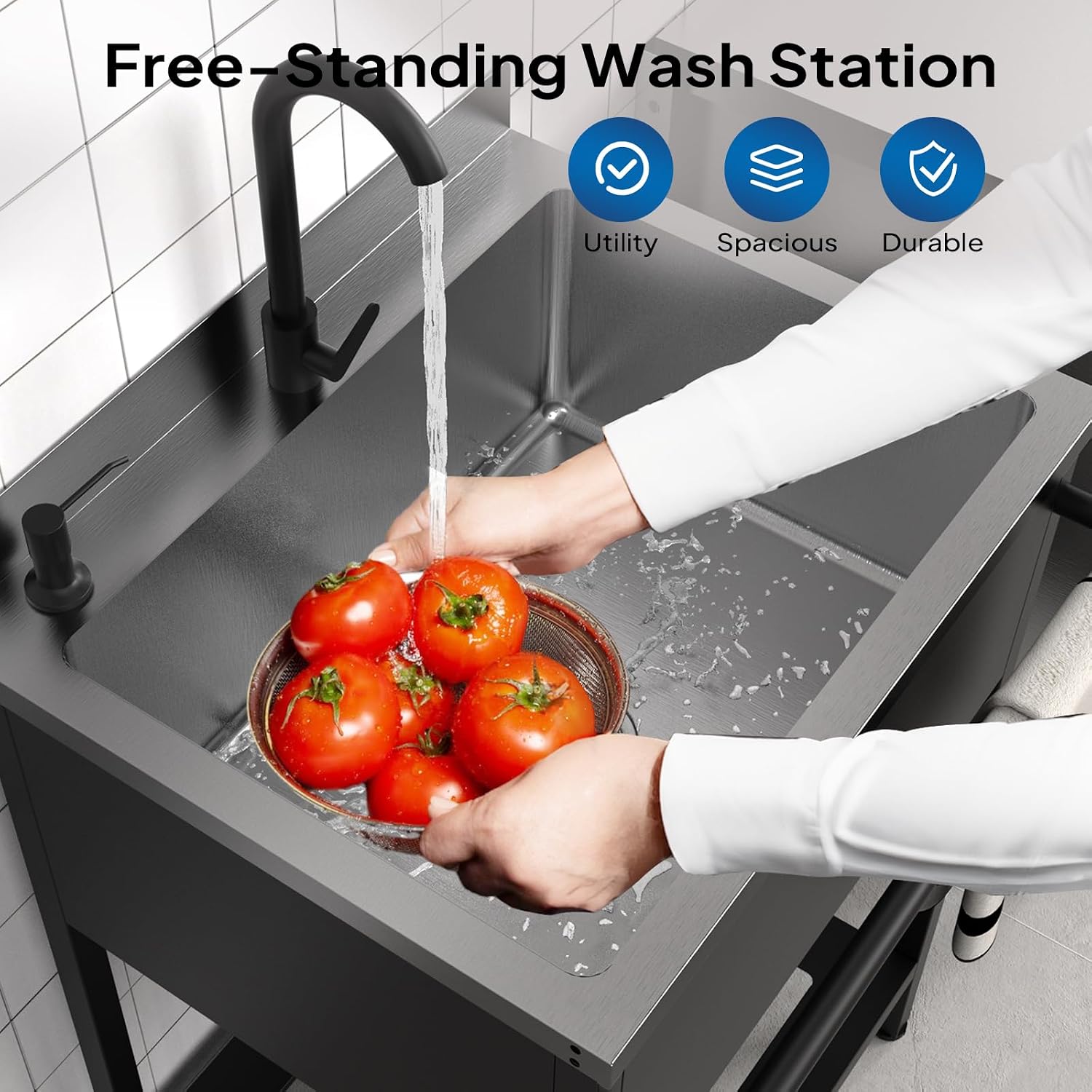 ROVSUN Black Electroplated Stainless Steel Utility Sink with Towel Rack and Storage Shelf, 20.7'D x 25.7'W x 38.9'H Freestanding Laundry & Prep Sink for Home, Restaurant, Garage, and Outdoor Use