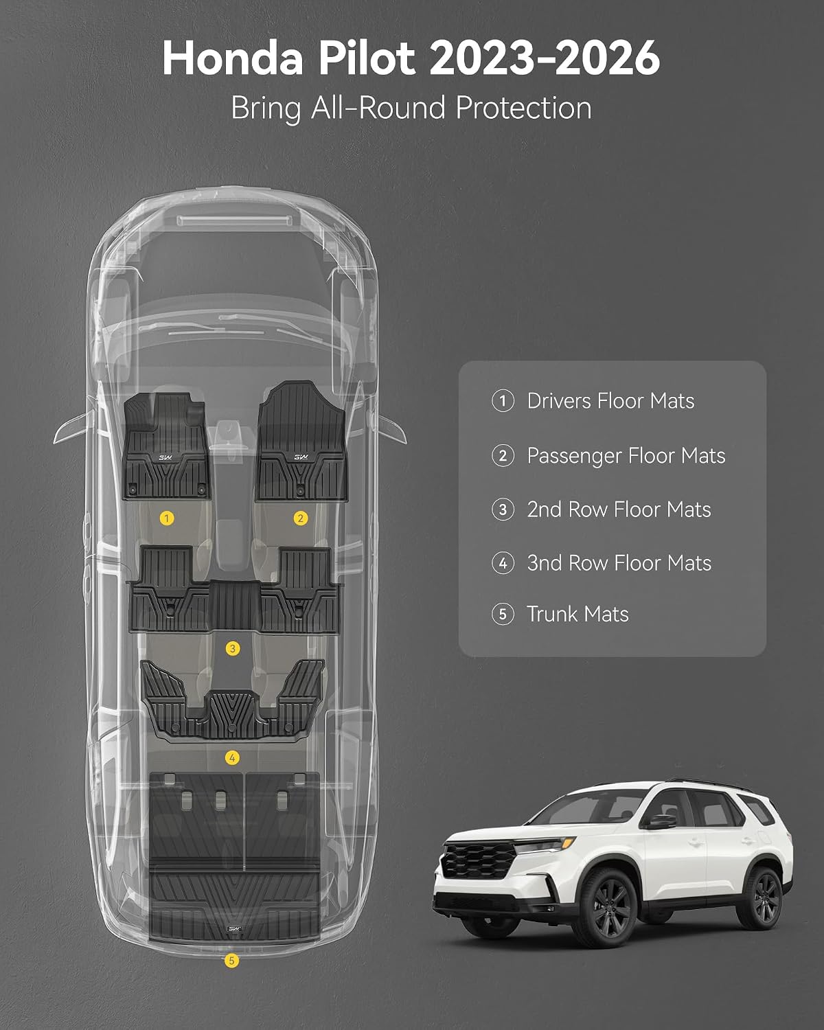 3W Floor Mats and Cargo Liner Fit for Honda Pilot 2023 2024 2025 2026, Custom Fit All Weather Honda Pilot Accessories Odorless Anti-Slip TPE Full Set Mats Black