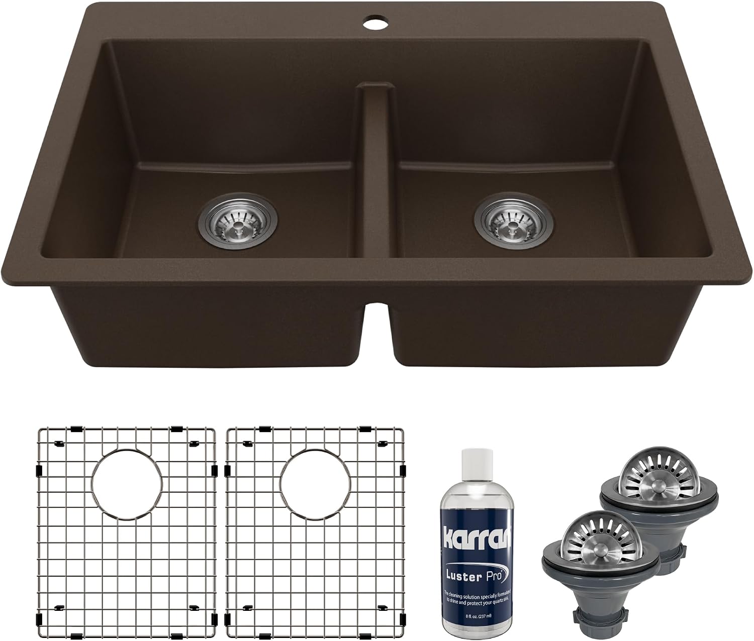 Karran QT-810 33' Top Mount Double Equal Bowl Quartz Kitchen Sink Kit in Brown