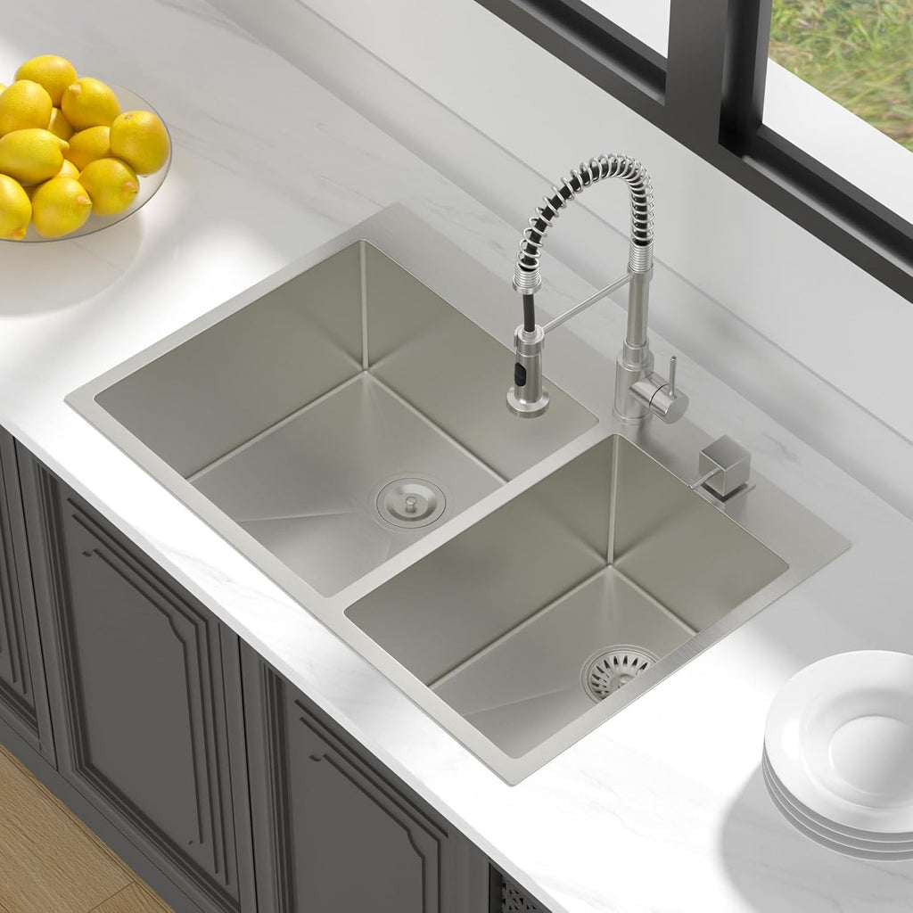 Lordear 33 Double Bowl Kitchen Sink Drop In Kitchen Sink 33X22 Inch Topmount Kitchen Sinks 60/40 16 Gauge Stainless Steel Over Counter Handmade Sinks