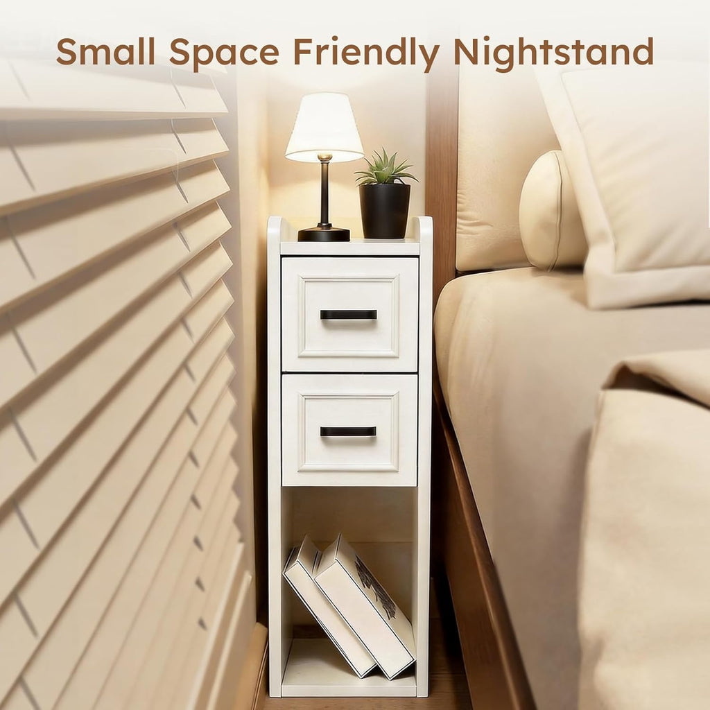 Narrow Nightstand Set of 2, Modern White Bedside Table with Drawers & Open Shelf, Modern End Table for Bedroom Small Spaces, Apartments, Renters