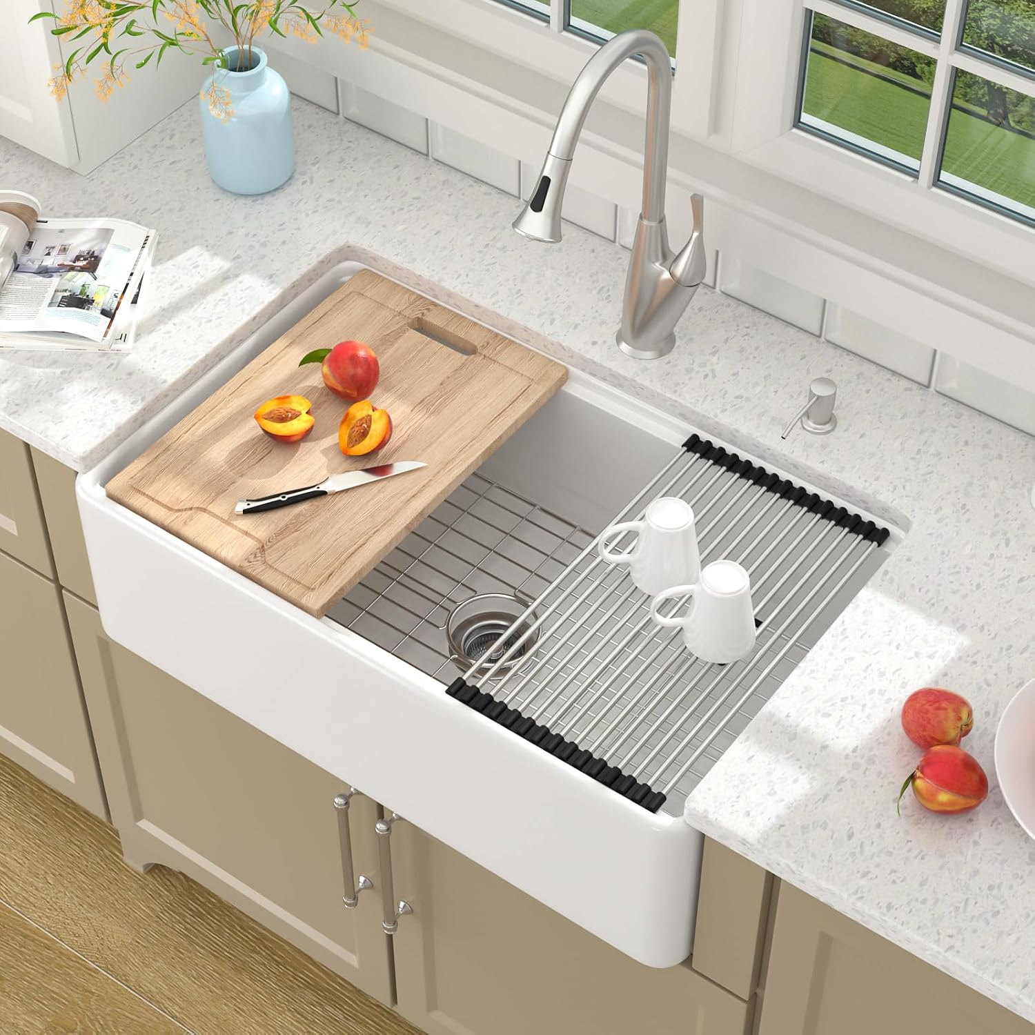 Lordear 30 Inch Farmhouse Kitchen Sink White Fireclay Farmhouse Apron Front 30x20 Kitchen Sink Workstation Classic Under Counter Single Bowl Sinks