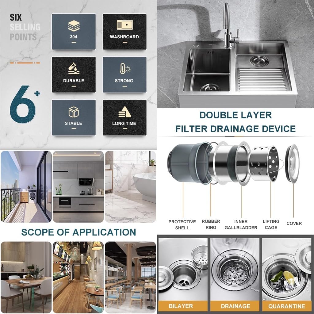 Generic Double Bowl Kitchen Sink Bathro Sinks with Washboard Large 304 Stainless Steel Laundry Sink Multifunctional Bar Kitchen Sink with Drainage Cponent (Color : Silver-b, Size : 70x48x21cm)