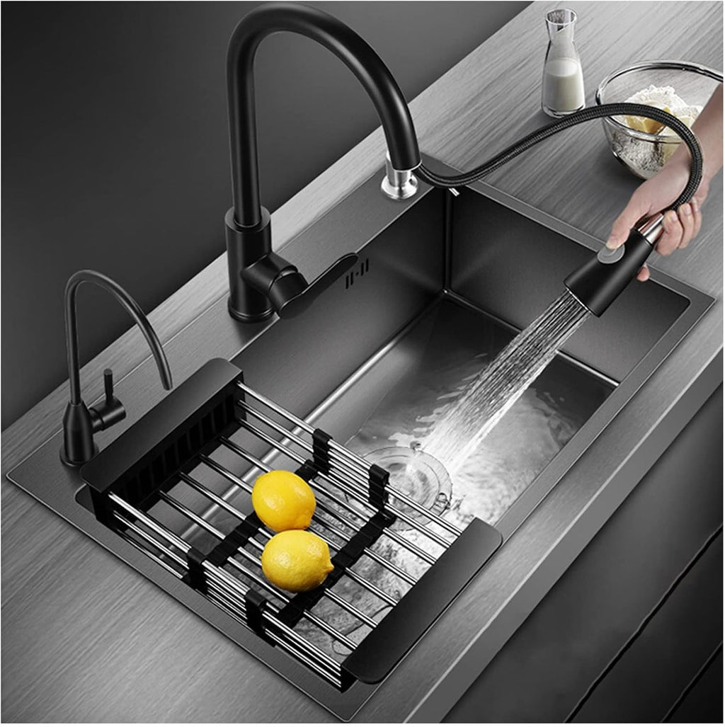 Black Nano Single Bowl Kitchen Sink 304 Stainless Steel Bar Sink Household RV Sink with Pull-Out Faucet and Drainage Assembly Top Mount Or Under Mount (Color : Black, Size : 72x45x20cm) (Black 50