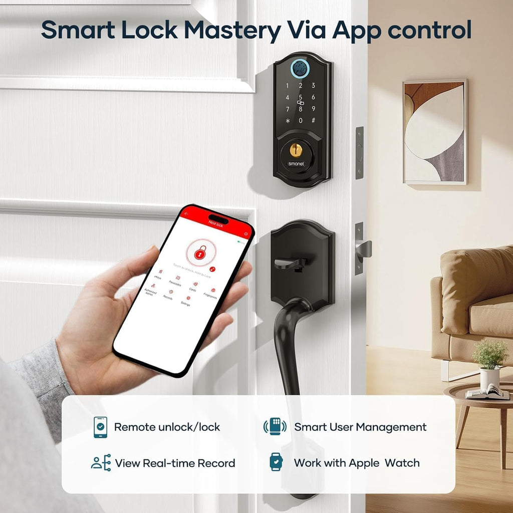 Smart Lock Front Door Set - SMONET Keyless Entry Door Lock with Handle Smart Front Door Lock Set Fingerprint Smart Deadbolt Bluetooth Electronic Digital Keypad Lock Auto Compatible with Alexa