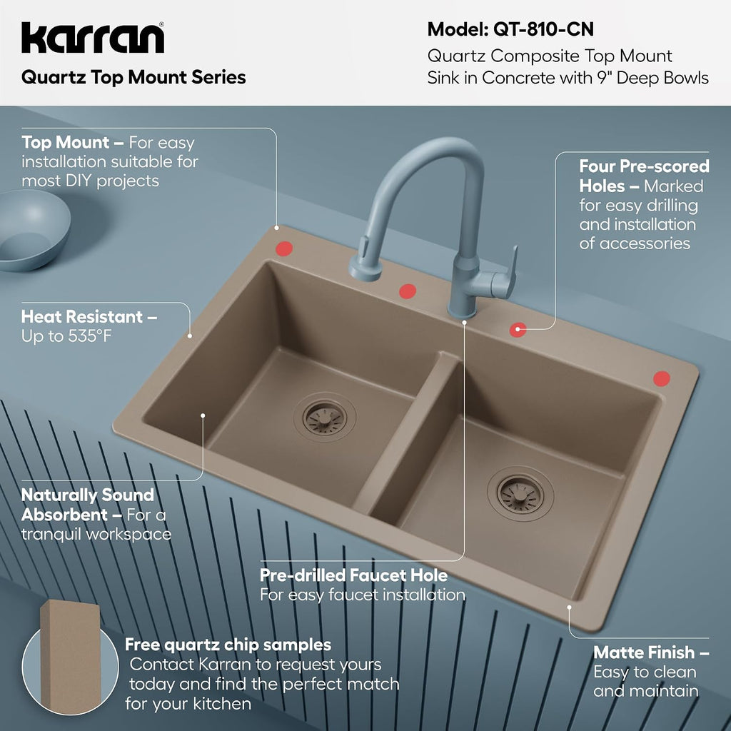 Karran 33' Concrete Color Quartz Composite Double Bowl Kitchen Sink – Top Mount Drop-In 50/50 Low Divider, 80% Natural Quartz, 535°F Heat Resistant, Sound Dampening, Granite Composite, QT-810