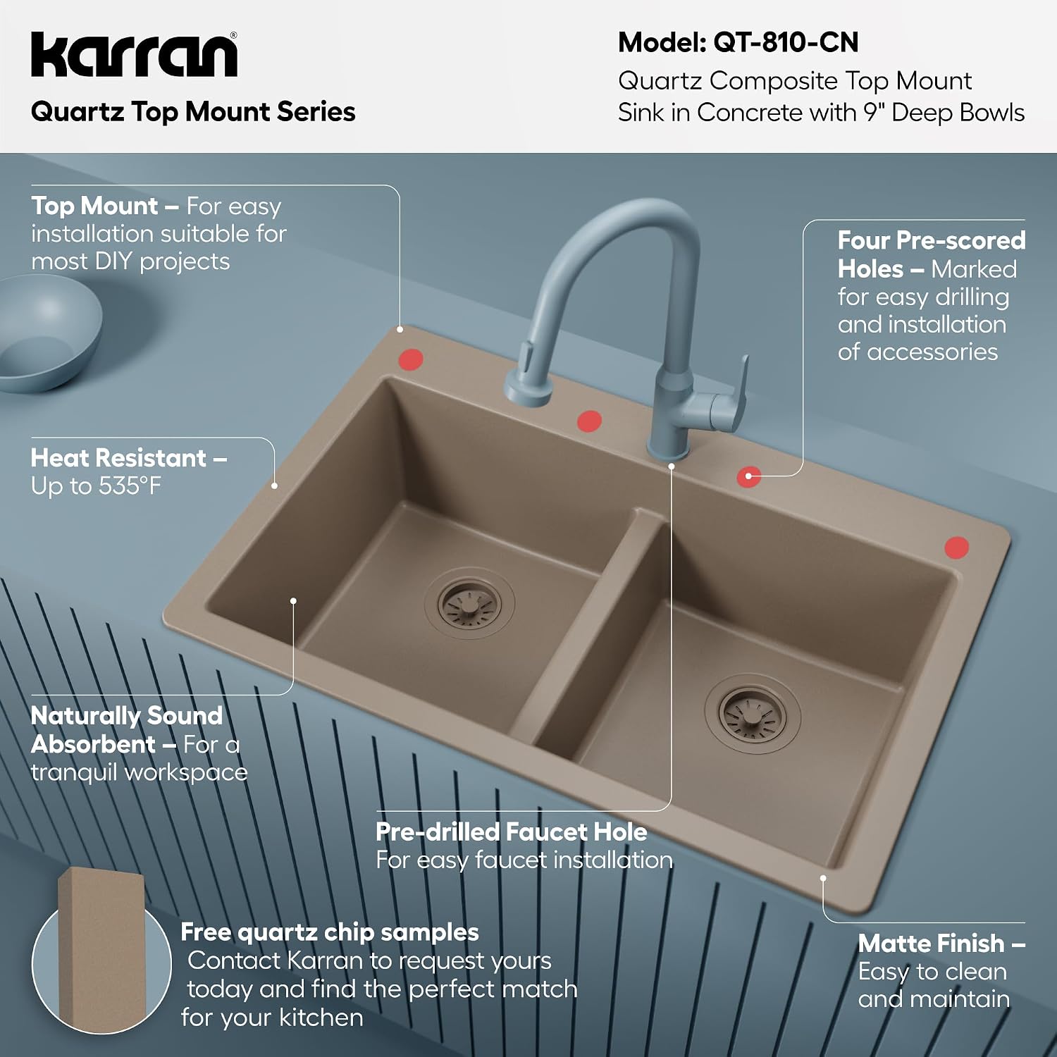 Karran 33' Concrete Color Quartz Composite Double Bowl Kitchen Sink – Top Mount Drop-In 50/50 Low Divider, 80% Natural Quartz, 535°F Heat Resistant, Sound Dampening, Granite Composite, QT-810