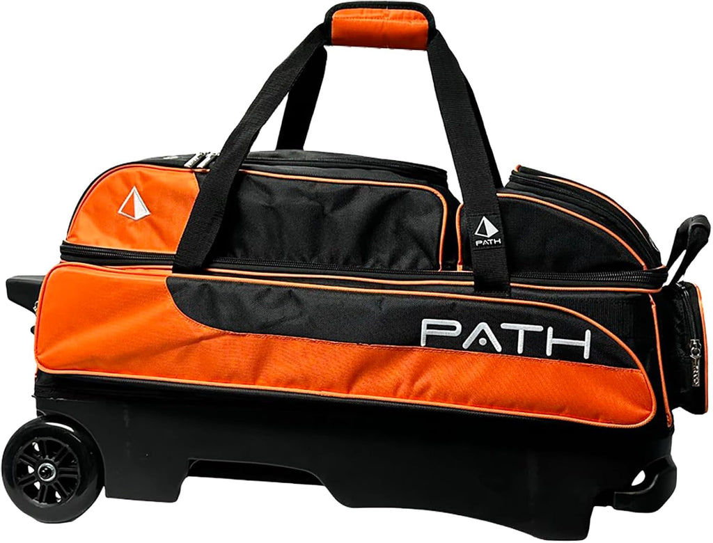 Pyramid Path Triple Premium Deluxe Roller Bowling Bag With Extra Large Separate Shoe Compartment (Up To US Mens Size 16) and 5 Accessory Pockets, 5' Wheels, Retractable Locking Handle - Extends to 42'