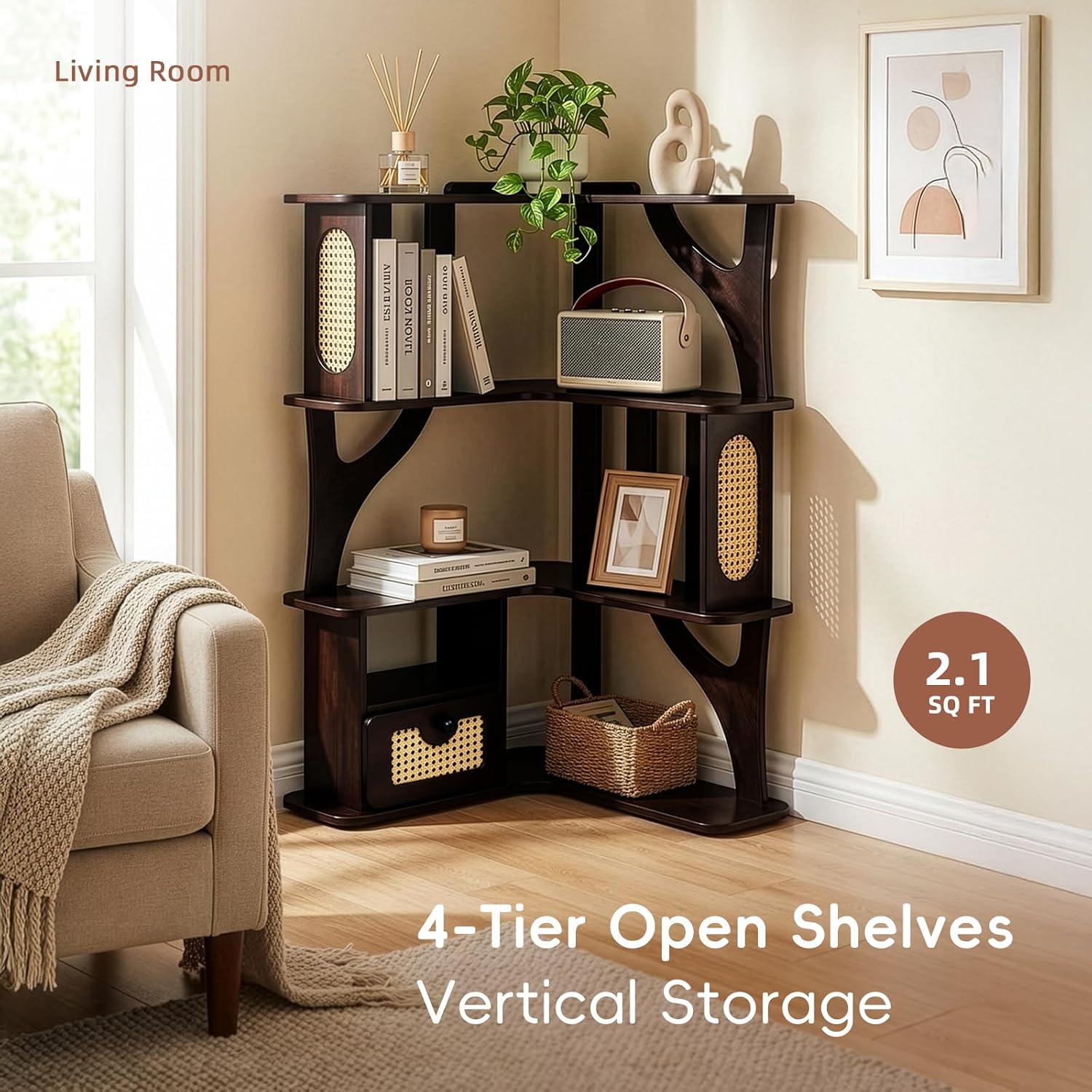 Rubber Wood Corner Shelf, 4 Tier Modern Corner Bookshelf, Freestanding Display Shelf Stand for Home Office, Living Room, Bedroom