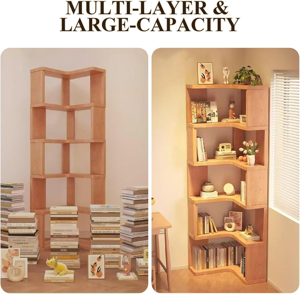 5-Tier L-Shaped Bookshelf, Wooden Tall Corner Shelf with Open Shelf Units, Decorative Display Storage Shelves for Living Room Bedroom Study Office, (Wood Grain)