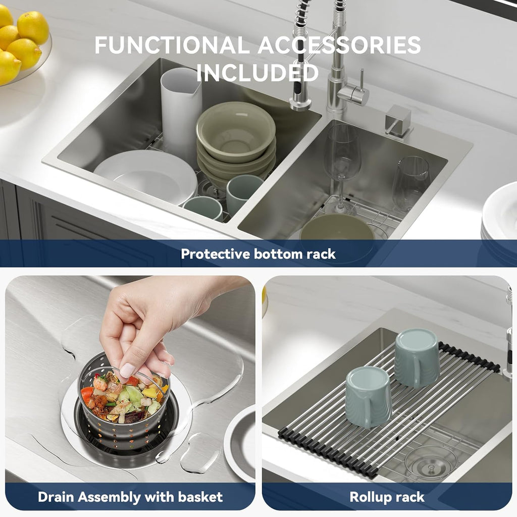 Lordear 33 Double Bowl Kitchen Sink Drop In Kitchen Sink 33X22 Inch Topmount Kitchen Sinks 60/40 16 Gauge Stainless Steel Over Counter Handmade Sinks