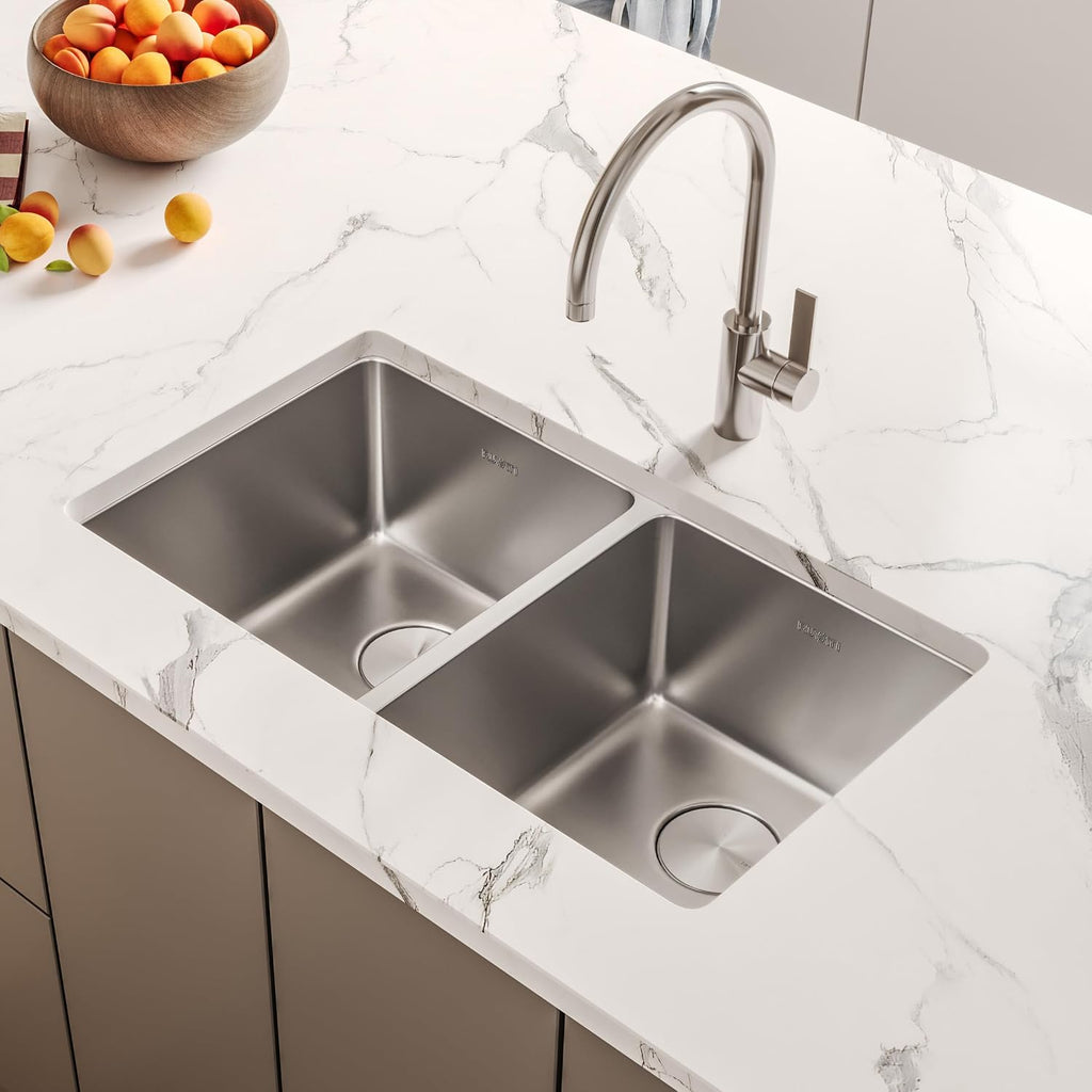 Ruvati 31- inch Undermount Kitchen Sink – 50/50 Double Bowl Kitchen Sink, 16 Gauge T-304 Stainless Steel Sinks, Undermount Sinks with Brushed Finish hides scratches – RVM5099