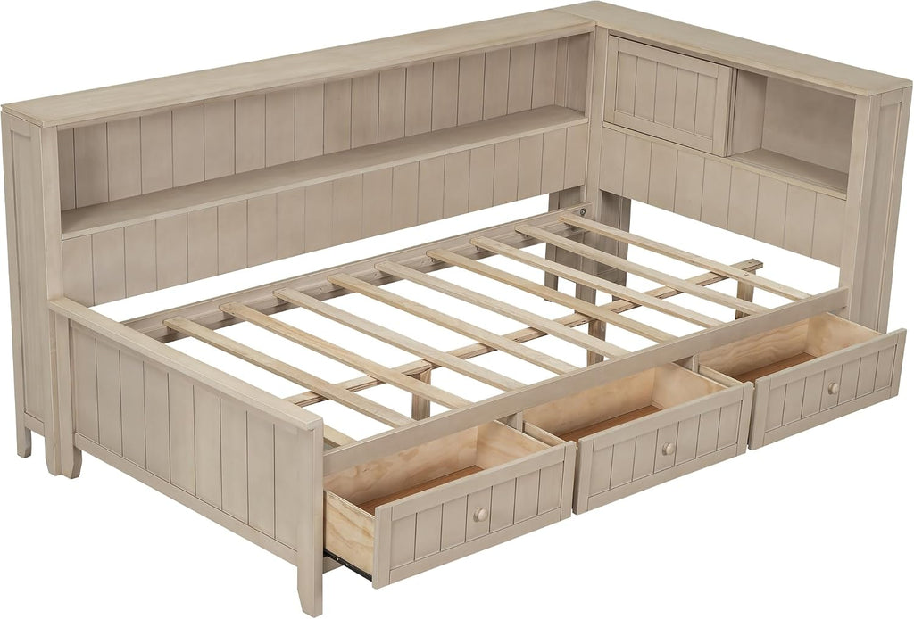 Merax Twin Size Daybed Frame with Storage Drawers and Shelves, Wood Twin Daybed with Headboard for Kids Teens, L-Shaped Corner Bed Twin Size for Guestroom Living Room, Apricot White
