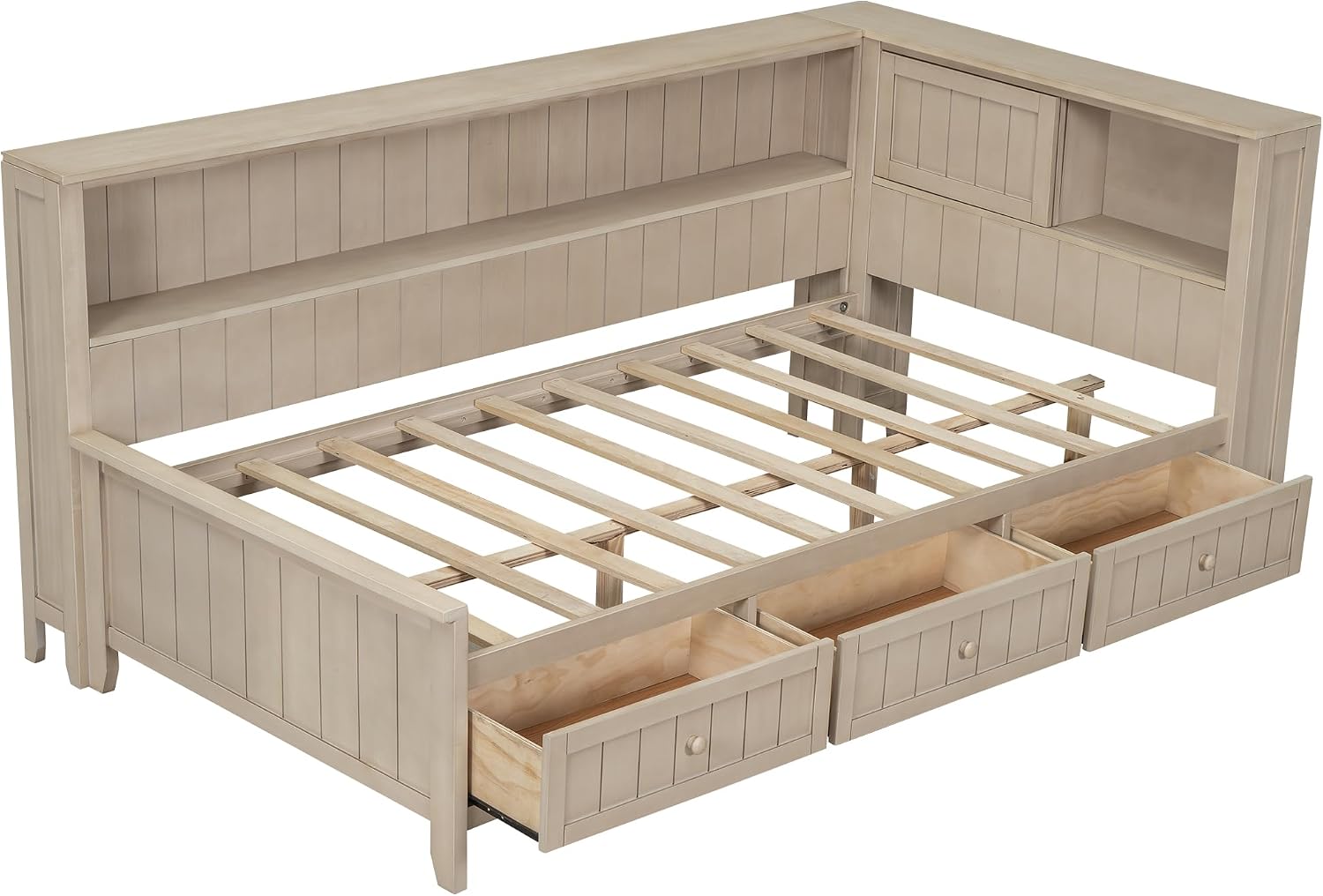 Merax Twin Size Daybed Frame with Storage Drawers and Shelves, Wood Twin Daybed with Headboard for Kids Teens, L-Shaped Corner Bed Twin Size for Guestroom Living Room, Apricot White