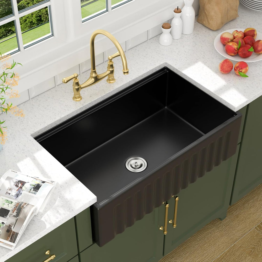 Lordear 33 Black Farmhouse Sink Workstation Porcelain Farm Kitchen Sinks Matte Black Single Bowl Basin 33x20x10 Inch Large Bowl Sink