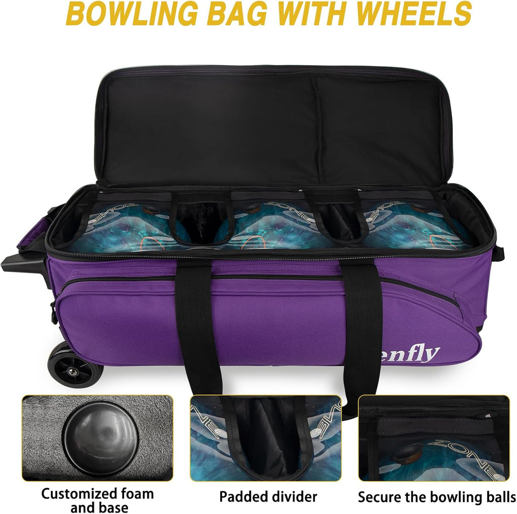 Triple Roller Bowling Bag with Wheels, Heavy Duty 3 Ball Bag for League & Recreational Bowlers