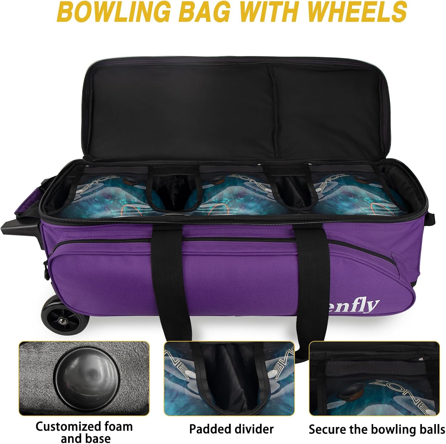 Triple Roller Bowling Bag with Wheels, Heavy Duty 3 Ball Bag for League & Recreational Bowlers