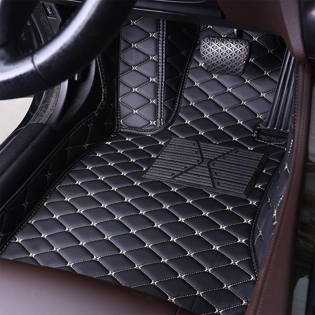 Car Floor Mats for Dodge Challenger 2020-2022,Leather Luxury Floor Liner All Weather Protection Carpet. (Full Set/Black-Cream Color)