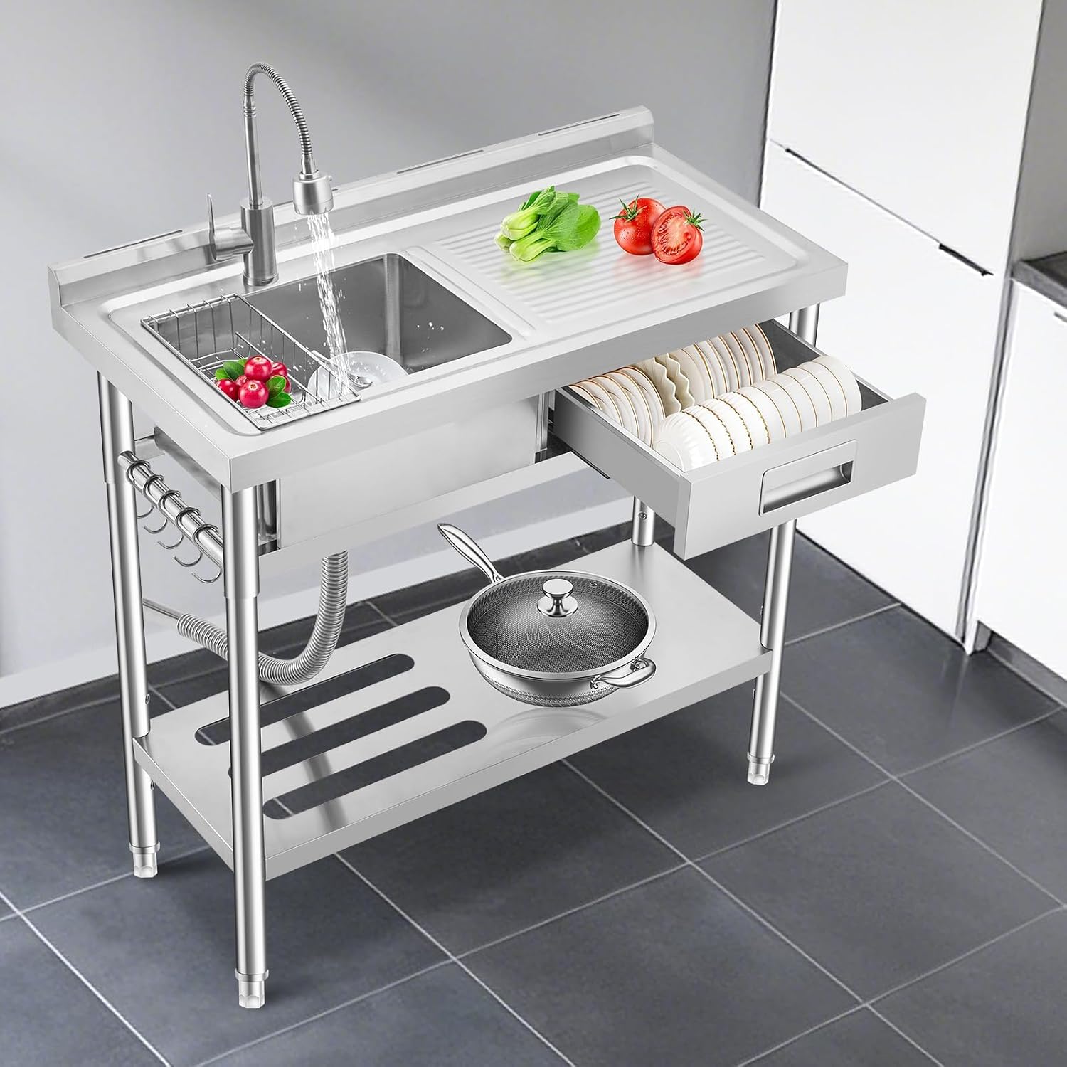 Garvee Freestanding Commercial Utility Sink with Faucet, Right Workbench, Drawer & Storage Shelf, Adjustable Stainless Steel Prep Sink for Kitchen, Garage, Restaurant & Outdoor Cleaning Station